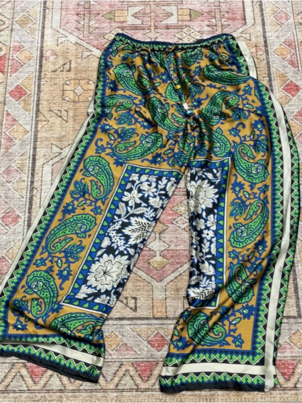 Zara Bohemian Paisley Wide-Leg Pants - Green & Mustard